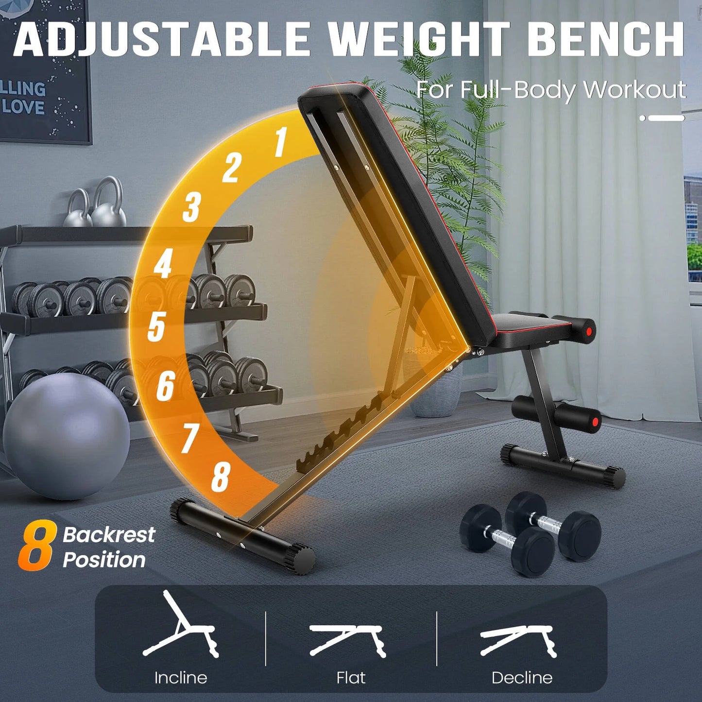 Foldable Weight Bench for Full Body Workout Bench Press, 660LBS Adjustable Weight Bench with 8 Positions Incline Decline Bench for Home Gym Fitness Strength Training